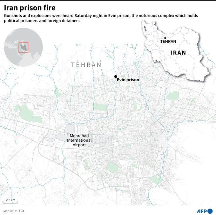 Map showing the location of Evin prision in Tehran, where gunshots and explosions were heard Saturday night and where political prisoners and foreign detainees are held