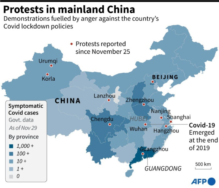 Map showing current symptomatic cases of the Covid-19 around mainland China as of Nov 29 and the cities where protests have been reported since Nov 25.