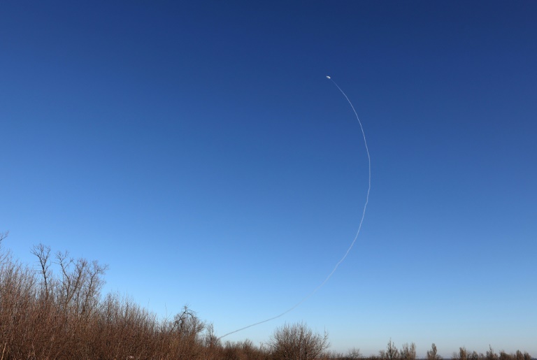 An anti-aircraft rocket rises across the sky near Ukraines Soledar town