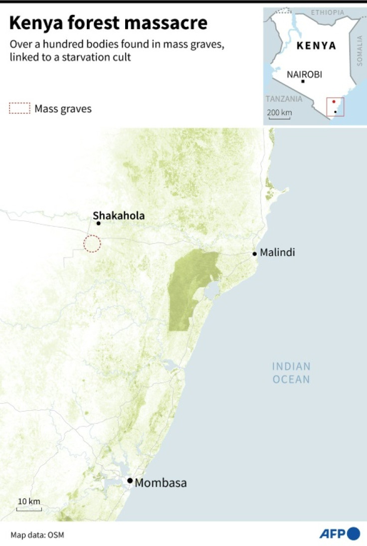 Map locating the area in eastern Kenya where more than a hundred corpses were found dead in a mass grave, linked to a starvation cult