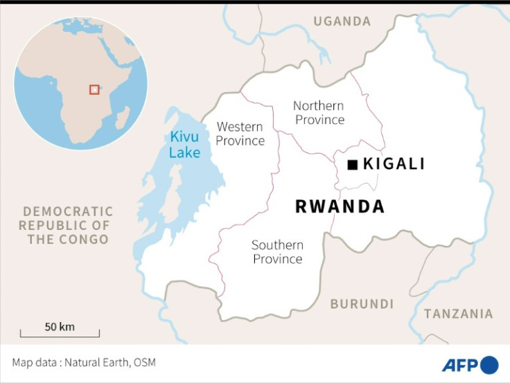 Map of Rwanda locating the Northern, Western and Southern provinces where flooding has caused dozens of deaths