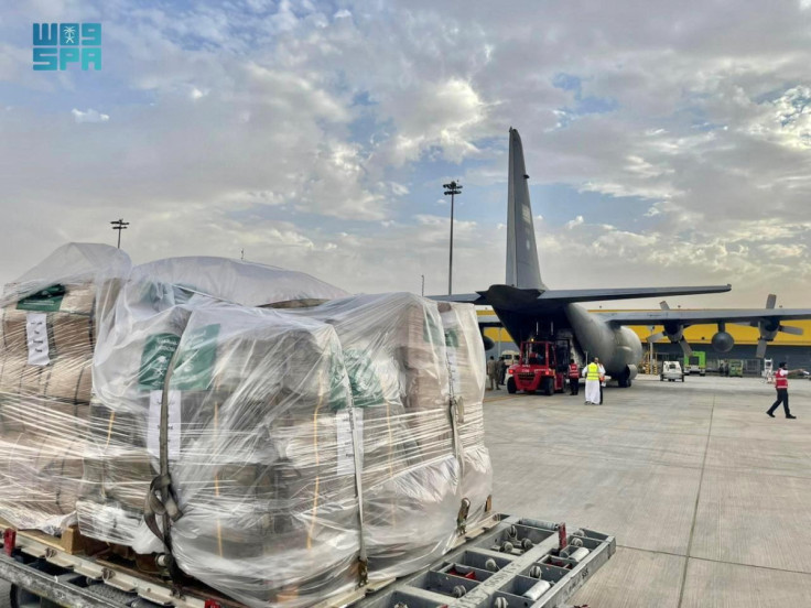Aid is loaded into Saudi Royal Airforce cargo plane for Port Sudan International Airport at the King Khalid International Airport, in Riyadh, Saudi Arabia