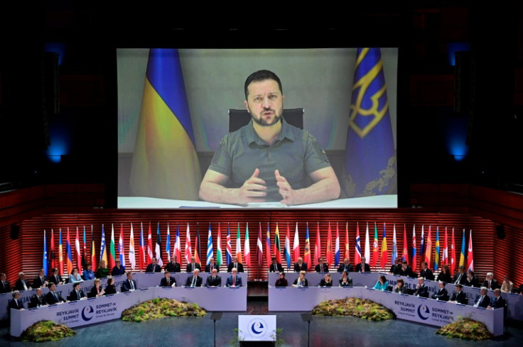 Ukrainian President Volodymyr Zelensky speaks at the opening of the 4th Summit of the Heads of State and Government of the Council of Europe