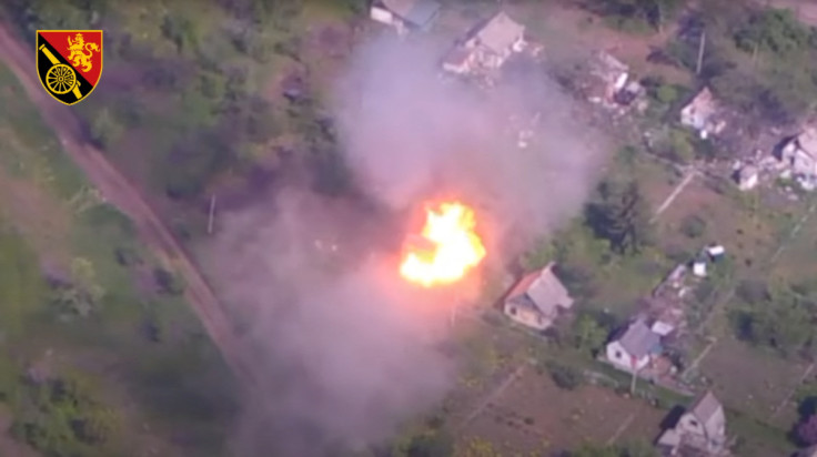 Drone shows shells exploding in village near Bakhmut - Ukrainian military