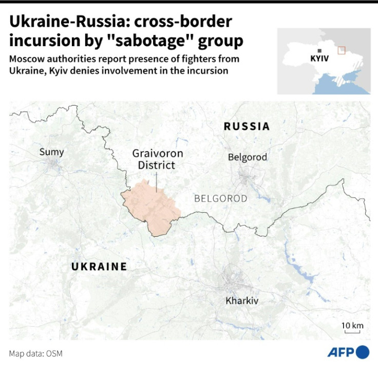 Map of the border between Russia and Ukraine, locating the district of Graivoron, in the Belgorod region where Moscow says its troops fended off an incursian by Ukrainian saboteurs but Kyiv denies