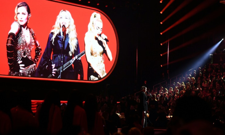 US singer Madonna speaks onstage during the 65th Annual Grammy Awards in Los Angeles on February 2023