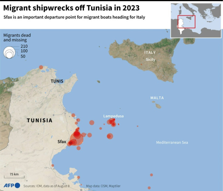 Map of the Sfax area, east of Tunisia, locating shipwrecks of migrant vessels since the beginning of 2023