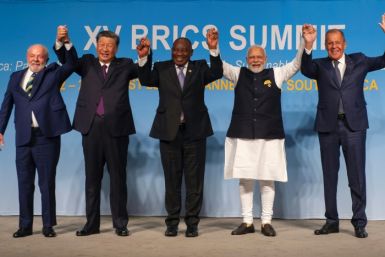Summit photocall: From left, President Luiz Inacio Lula da Silva of Brazil; Chinese President Xi Jinping; South African President Cyril Ramaphosa; Prime Minister Narendra Modi of India; and Russian Foreign Minister Sergei Lavrov