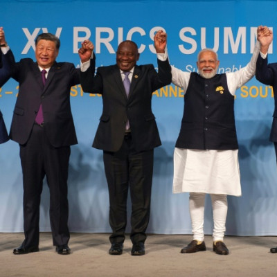 Summit photocall: From left, President Luiz Inacio Lula da Silva of Brazil; Chinese President Xi Jinping; South African President Cyril Ramaphosa; Prime Minister Narendra Modi of India; and Russian Foreign Minister Sergei Lavrov