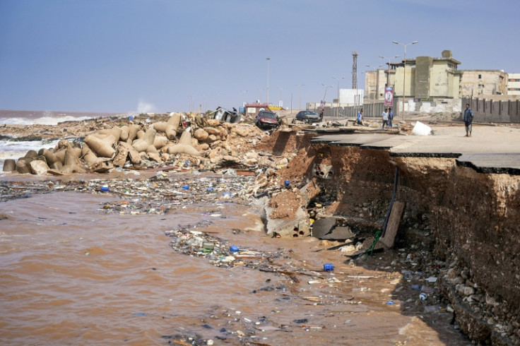 Collapsed coastal road in the eastern city of Benghazi in the wake of storm Daniel