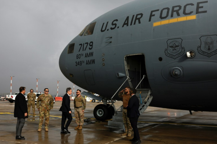 US Secretary of State Antony Blinken boards a military aircraft in Tel Aviv, headed for Cairo