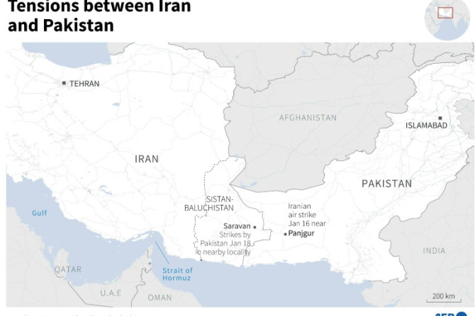 Map showing Iran and Pakistan and approximate locations of strikes conducted by each country on January 16 and 18.