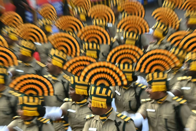 Indian cadets march during a dress rehearsal for the upcoming Republic Day parade, which France's President Emmanuel Macron is set to attend in New Delhi
