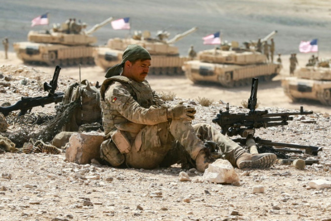 A US soldier takes part in the "Eager Lion" multinational military manuever, in the Al-Zarqa governorate, some 85km northeast of the Jordanian capital Amman, on September 14, 2022