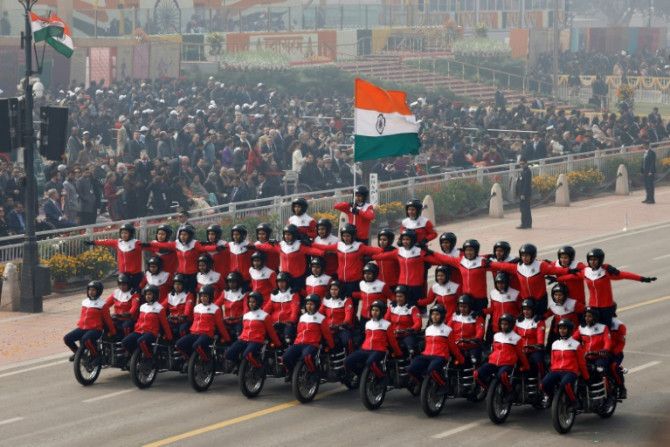 Indian soldiers on motorbikes demonstrate their skills during India's 75th Republic Day parade in New Delhi on January 26, 2024
