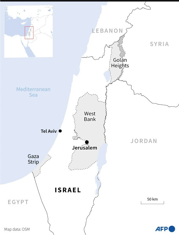 Map showing Israel, the Palestinian territories, the Israeli-annexed Golan Heights and neighbouring countries.