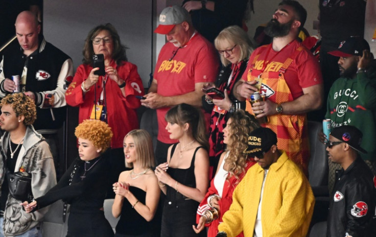 Singer-songwriter Taylor Swift is flanked by rapper Ice Spice, actress Blake Lively, Jason Kelce, Donna Kelce and Ed Kelce at Super Bowl LVIII between the Kansas City Chiefs and the San Francisco 49ers