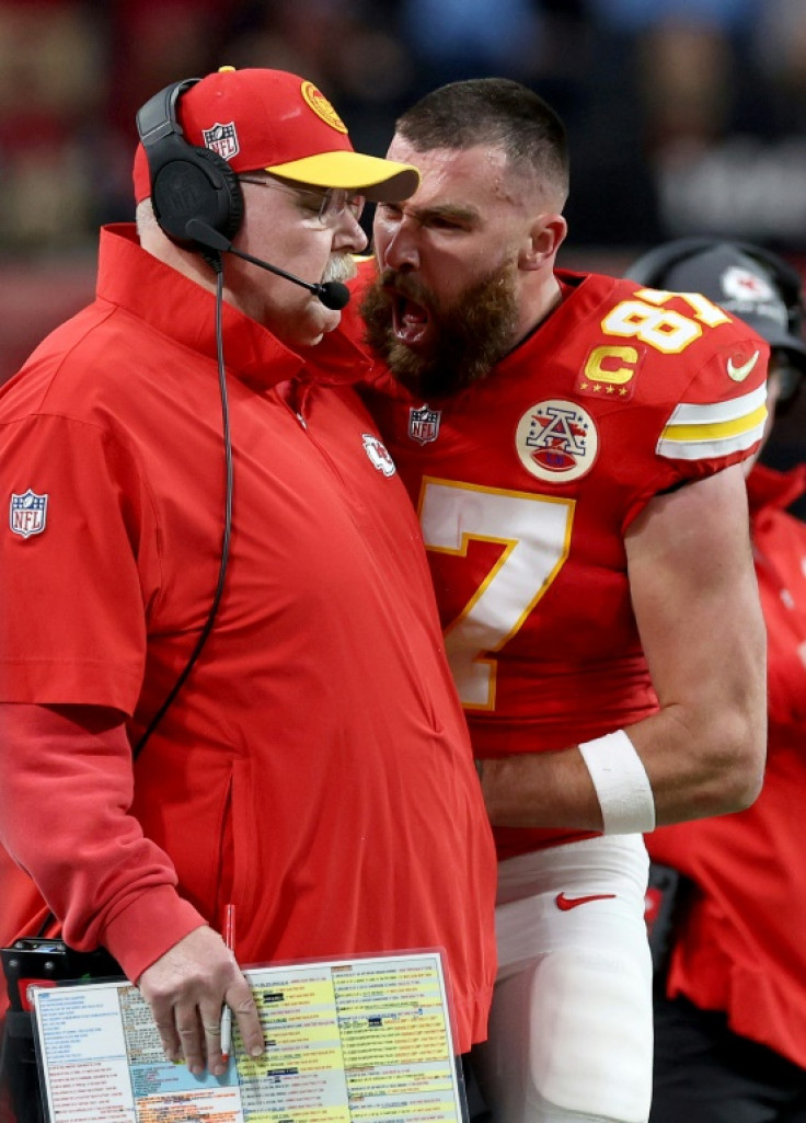 Travis Kelce confronts Kansas City head coach Andy Reid during Sunday's Super Bowl