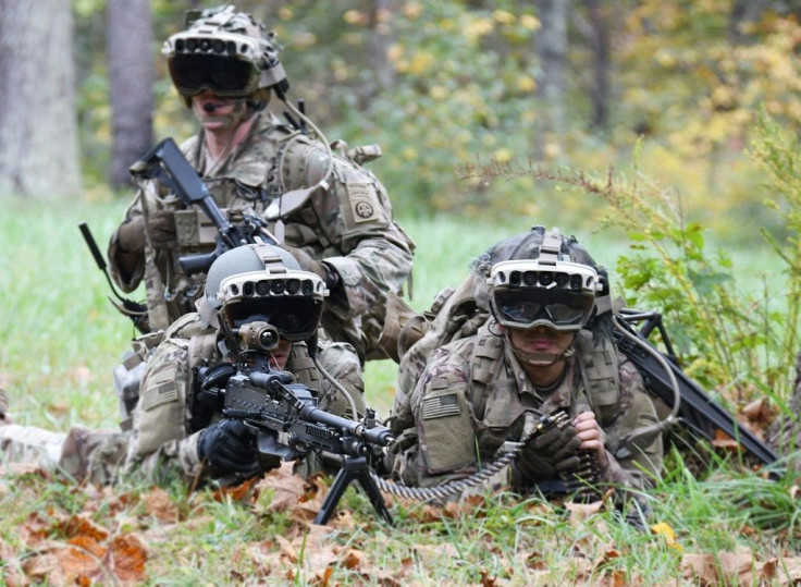 Soldiers from the 82nd Airborne Division use the latest prototype of the Integrated Visual Augmentation System (IVAS) during a training exercise at Fort Pickett, Blackstone, Virginia