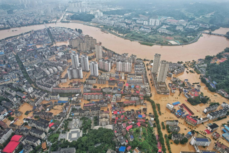 An aerial view of flooded buildings and streets in central China's Hunan province following heavy rains this week