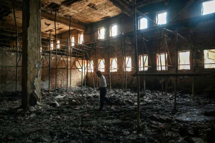 The remains of Bangladesh state broadcaster after students set it on fire during protests against government jobs quota system