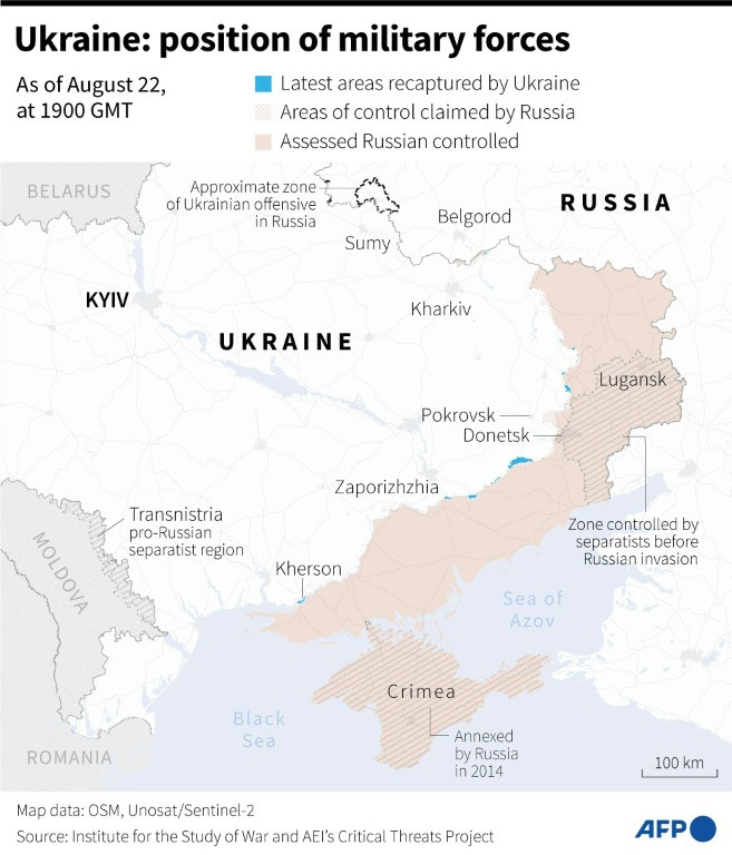 Map of areas controlled by Ukrainian and Russian forces in Ukraine, as of August 22, 1900 GMT