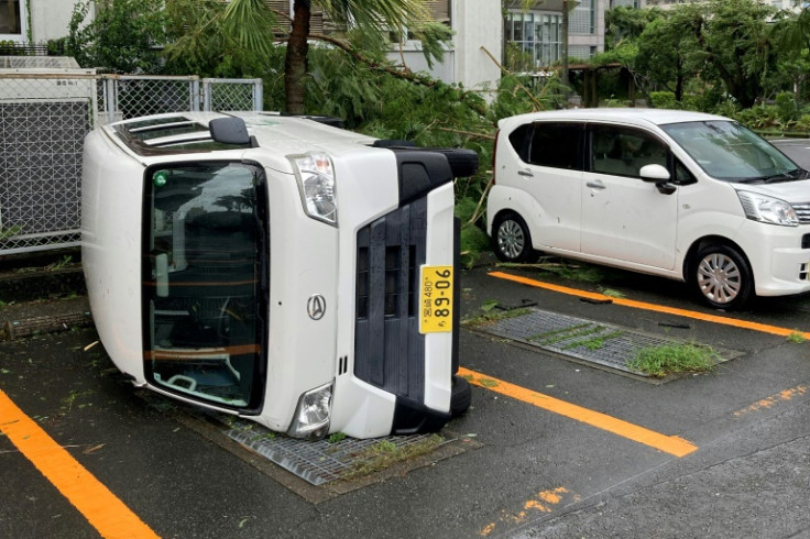 A car overturned by strong winds from Typhoon Shanshan in Miyazaki