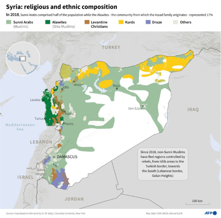 Map of Syria showing the religious and ethnic composition of the country in 2018, based on the work by Dr. M. Izady (Columbia University)