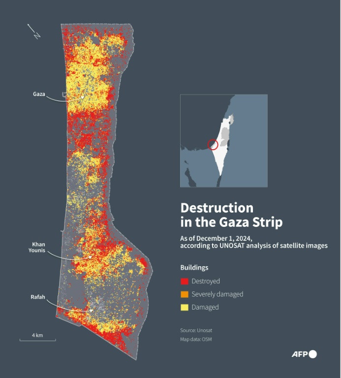 Map of the Gaza Strip showing buildings destroyed or damaged between October 7, 2023 and December 1, 2024, according to analysis by UNOSAT